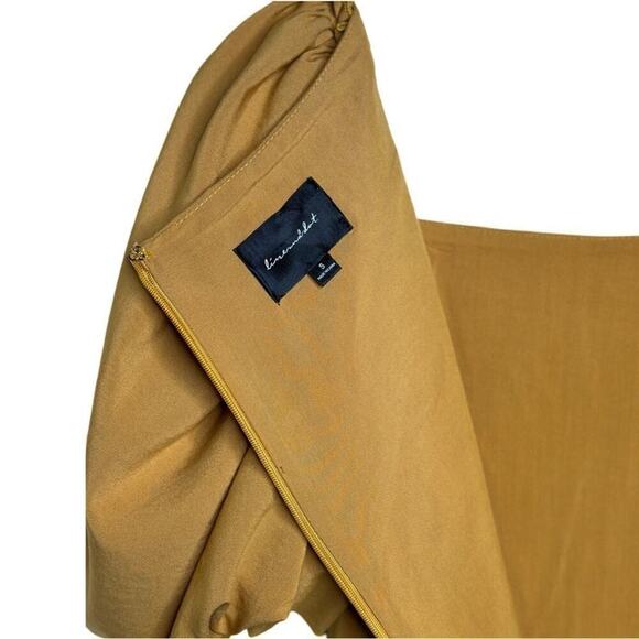 Marigold Line & Dot Ruffle Asymmetrical Puff Sleeve Yoko Mini Dress Size Small - Picture 6 of 15